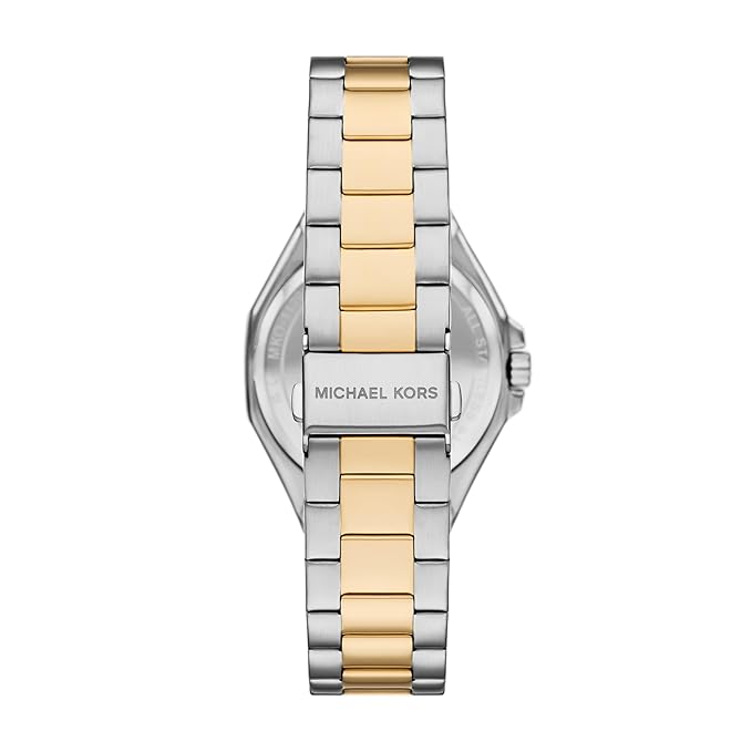 Michael Kors MKO1181 watch caseback showing two-tone stainless steel bracelet and crown