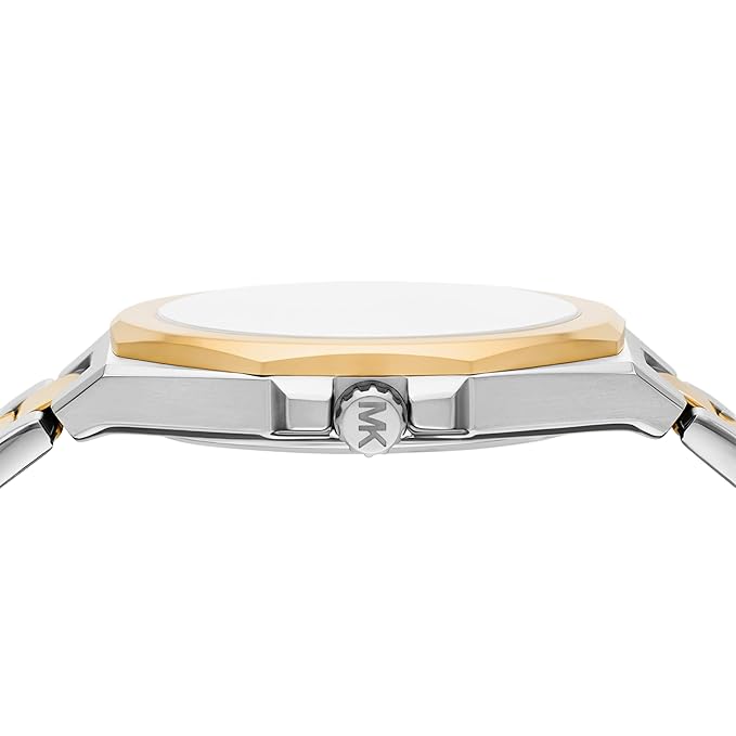Side profile of Michael Kors MKO1181 watch showing two-tone case and slim profile