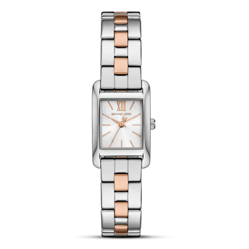Michael Kors MKO9015 two-tone silver and rose gold rectangular watch with white dial and Roman numerals