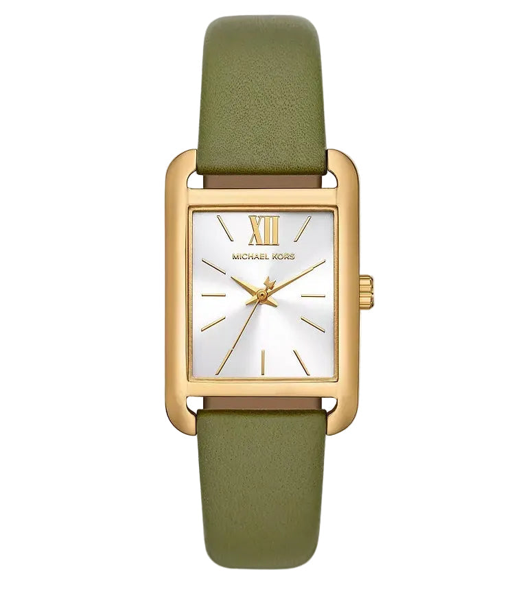 Michael Kors Monroe gold women's watch with white dial, gold Roman numerals, and green leather strap