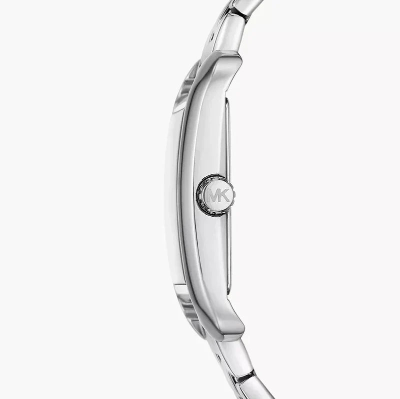 Side profile of Michael Kors Monroe watch showing case thickness and steel bracelet