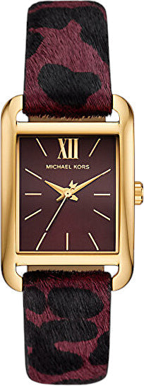 Michael Kors Monroe gold-tone rectangular watch with plum and black leopard print calf hair strap