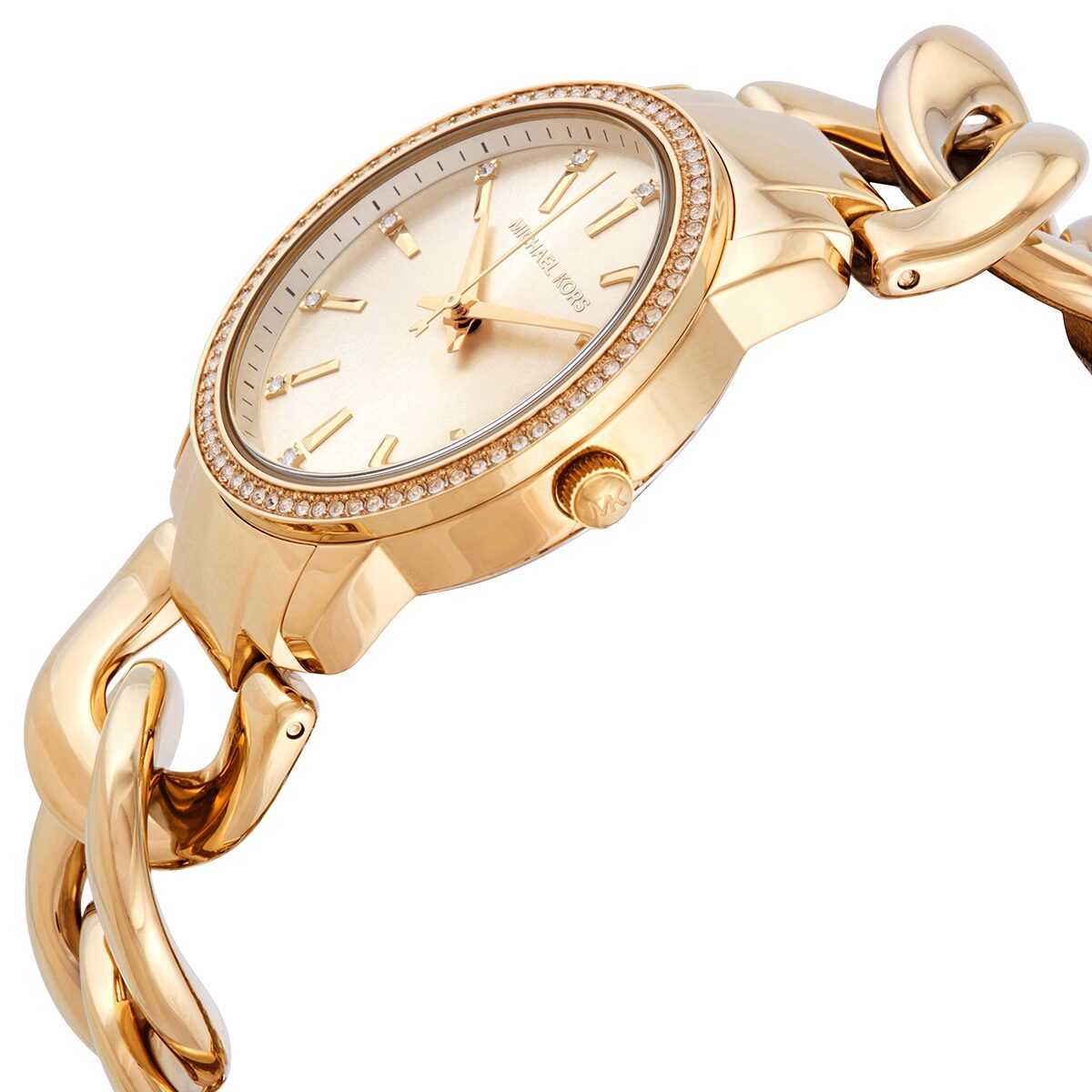Michael Kors Nini gold watch at angle showing crystal-set bezel and chain link strap