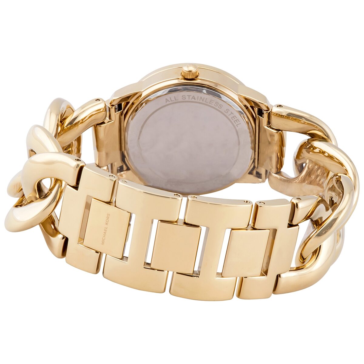 Michael Kors Nini watch caseback showing gold chain link bracelet design