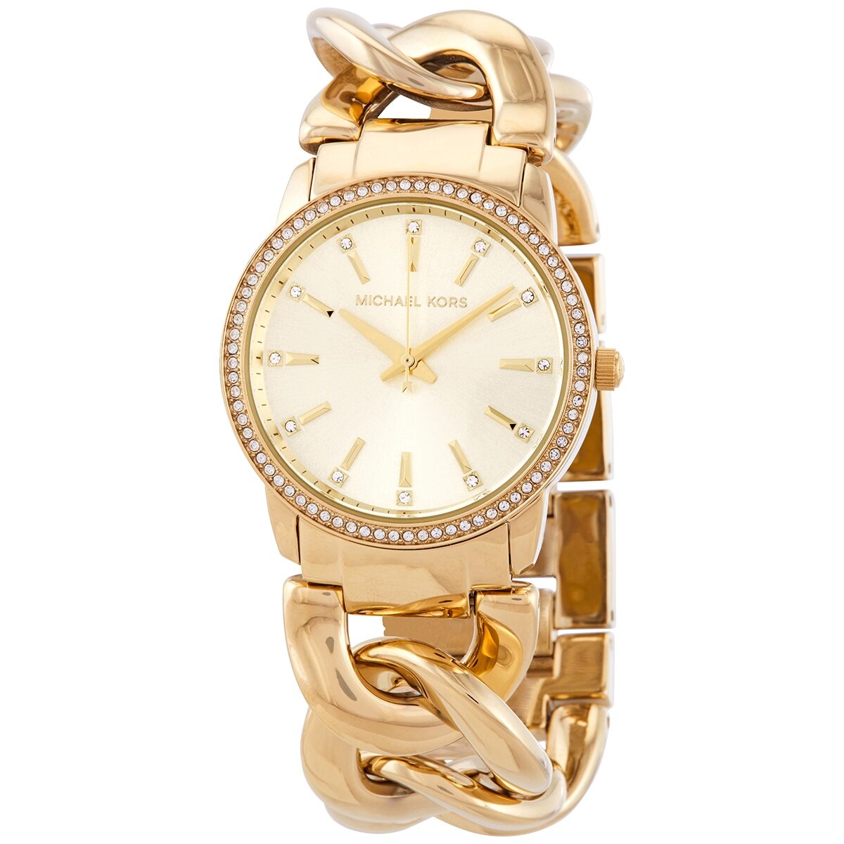 Michael Kors Nini crystal gold dial watch with chain link bracelet, front view