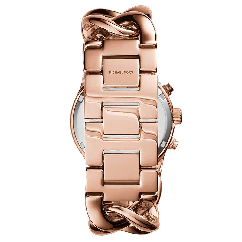 Michael Kors Nini watch case back showing rose gold metal bracelet with twisted link design