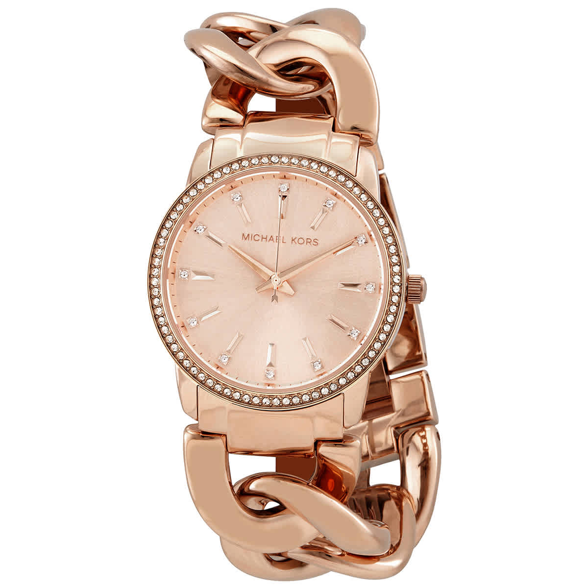 Michael Kors Nini ladies watch with rose gold case, crystal bezel, and rose dial