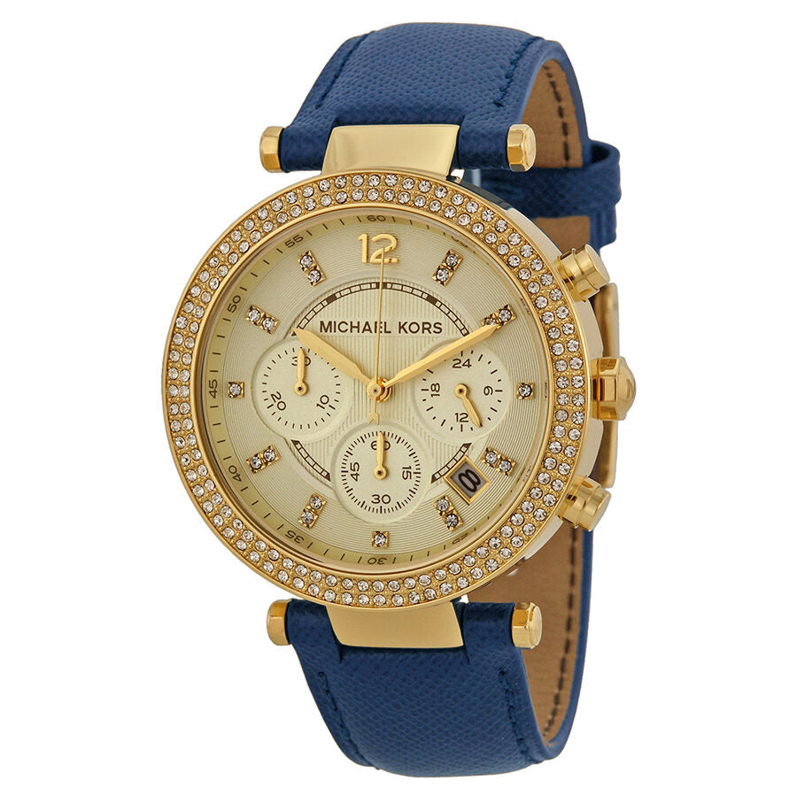 Michael Kors Parker chronograph watch with gold-tone case, crystal bezel, cream dial, and blue strap