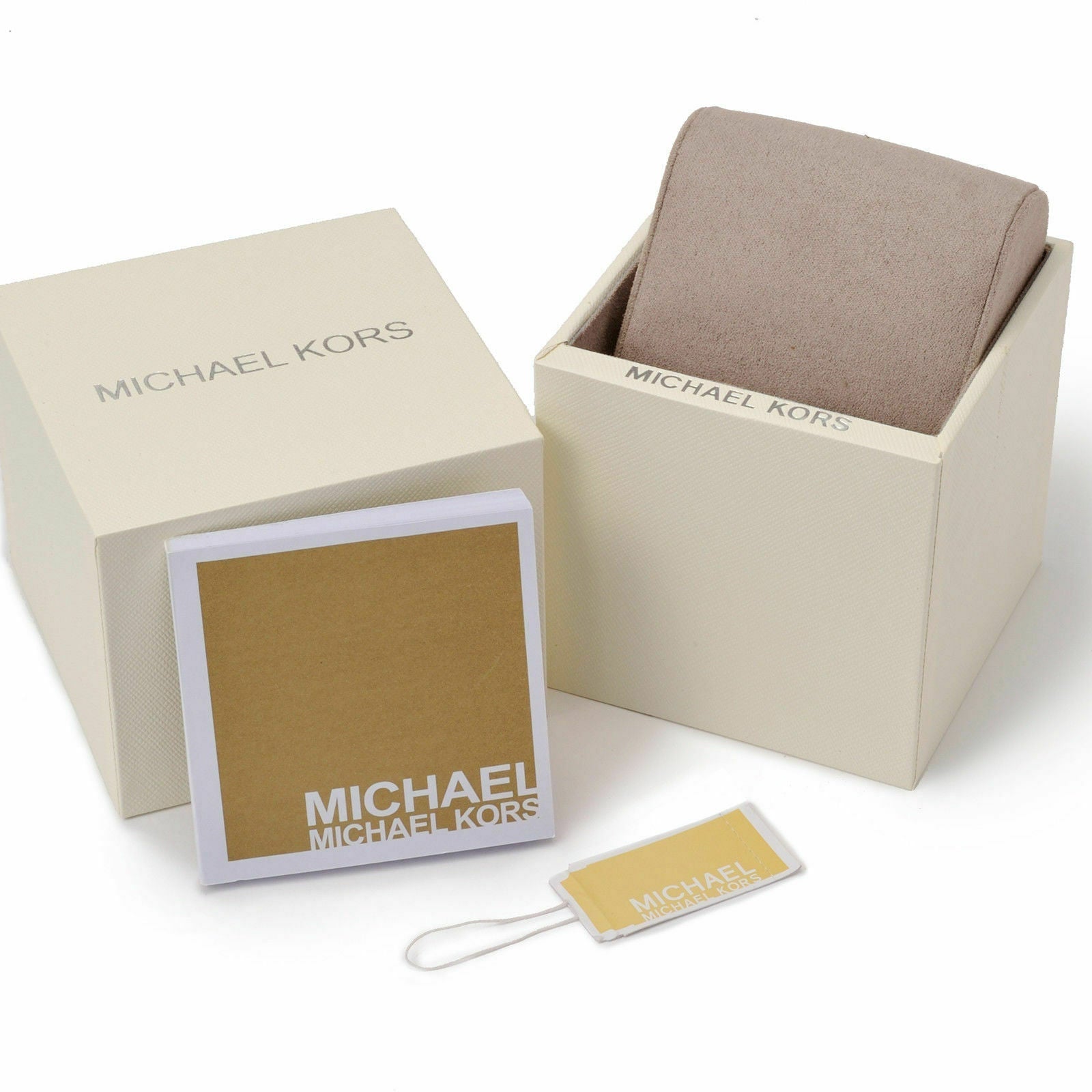 Michael Kors Parker watch packaging and presentation box with branded storage pouch and tag