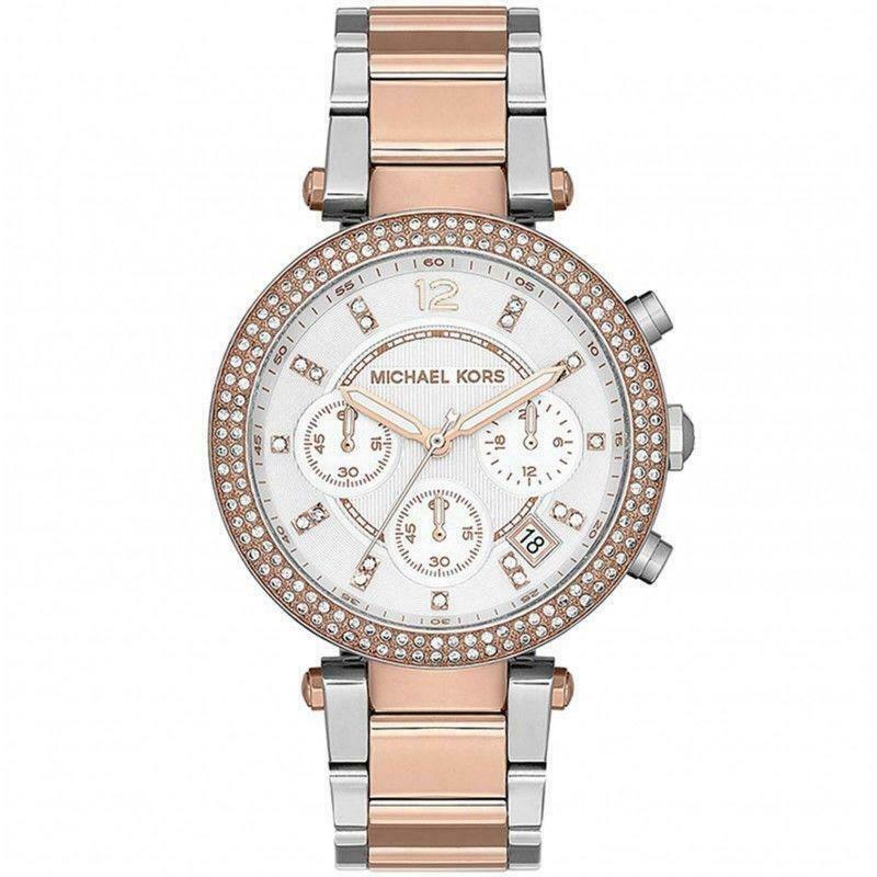 Michael Kors Parker chronograph ladies watch with rose gold and silver two-tone bracelet, white dial, and crystal bezel