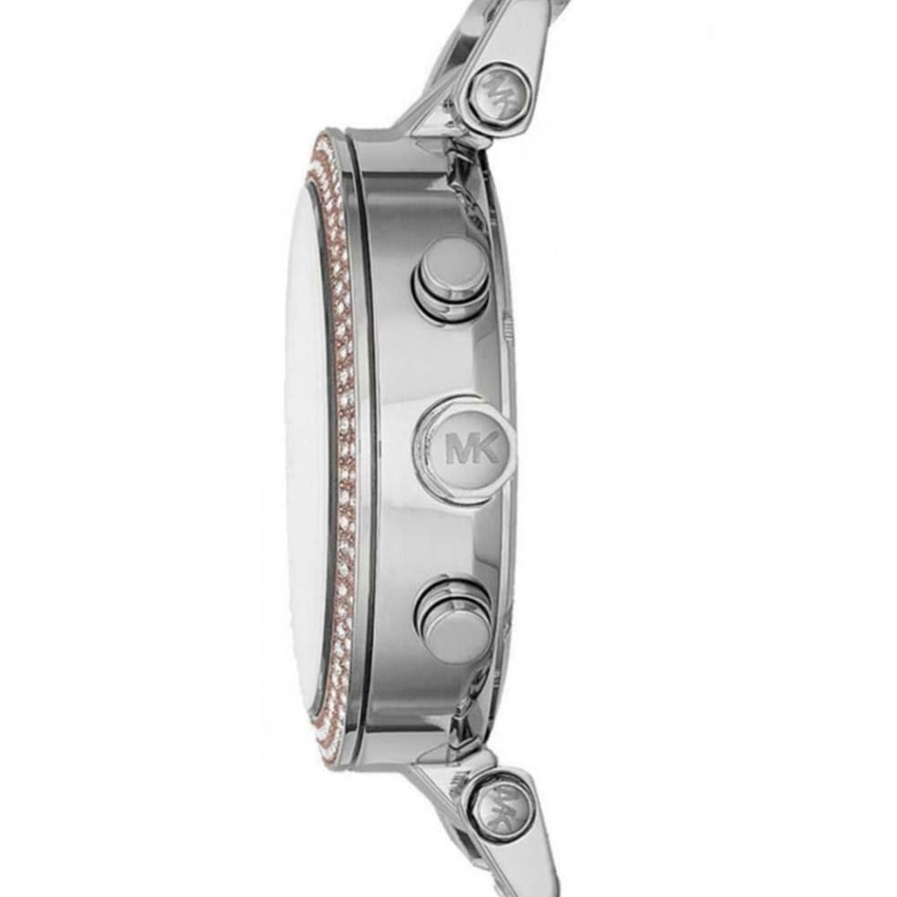 Side profile of Michael Kors Parker watch showing rose gold and silver two-tone case with chronograph pushers