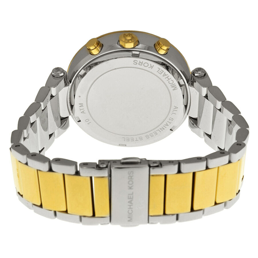 Back view of Michael Kors Parker Glitz watch showing stainless steel case back and two-tone bracelet