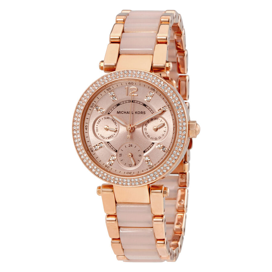 Michael Kors Parker Mini rose gold chronograph watch with crystal bezel and rose dial
