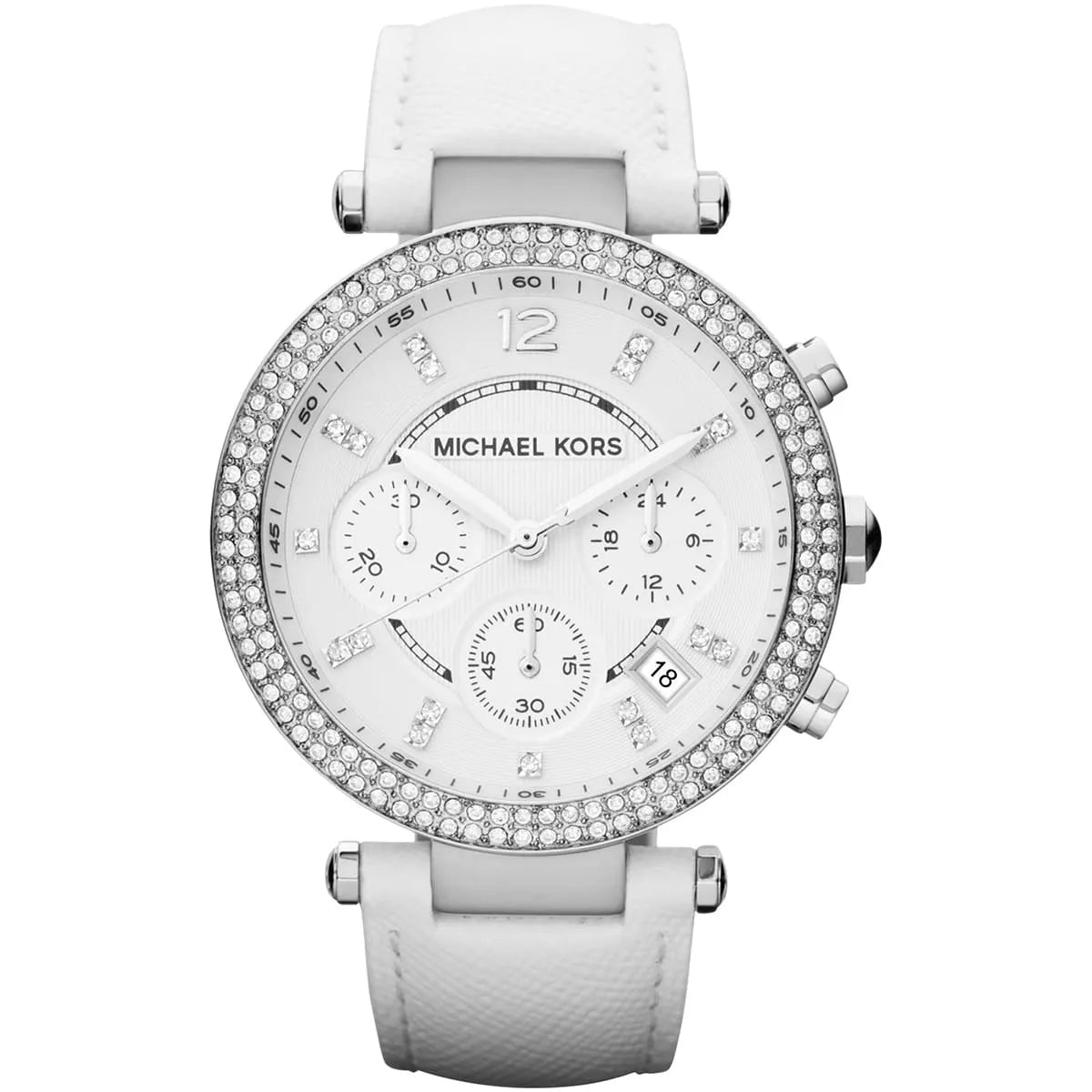 Michael Kors Parker chronograph women's watch with white dial, crystal bezel, and white leather strap
