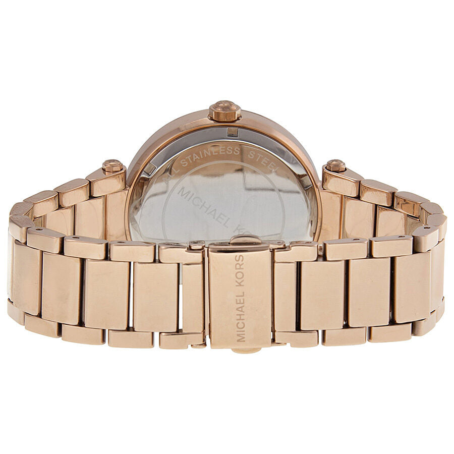 Michael Kors Parker MK5865 watch back view showing stainless steel bracelet and caseback