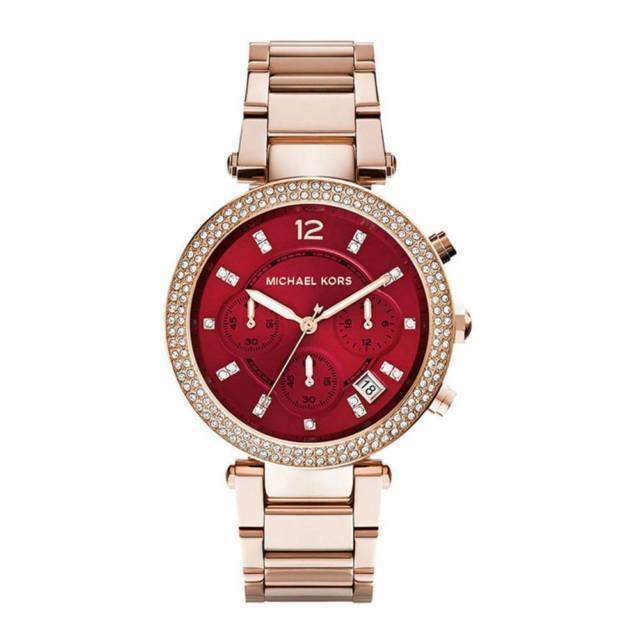 Michael Kors Parker chronograph watch with red dial, diamond bezel, and rose gold-tone bracelet