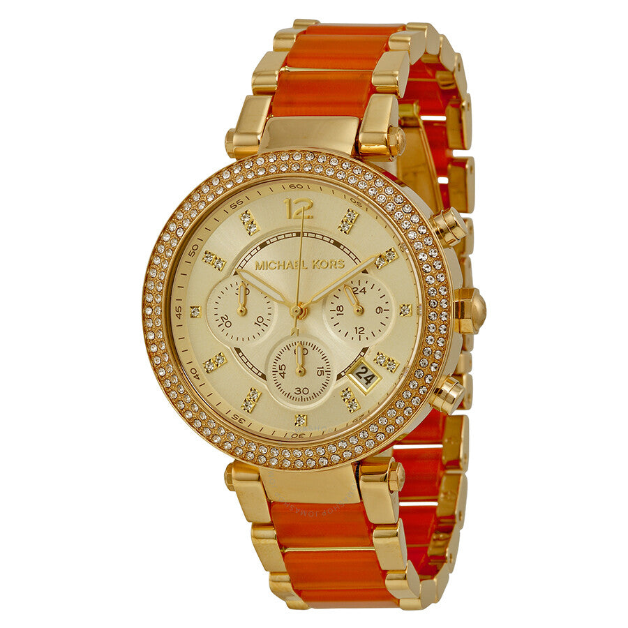Michael Kors Parker gold and coral multi-function ladies watch with champagne dial and crystal bezel
