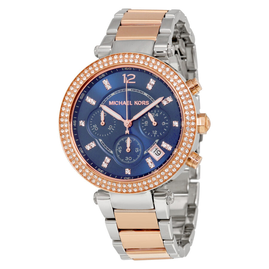 Michael Kors Parker chronograph ladies watch with blue dial and rose gold and silver two-tone bracelet