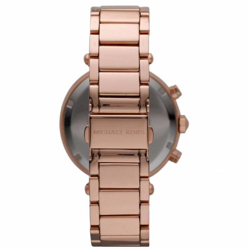Michael Kors Parker watch side view of rose gold-tone bracelet and chronograph pushers