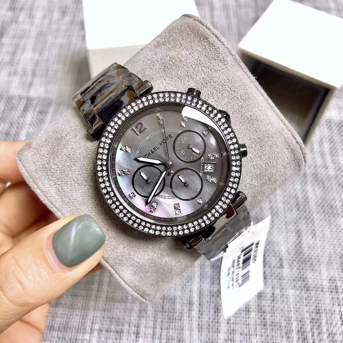 Michael Kors Parker MK6265 chronograph watch on hand with packaging