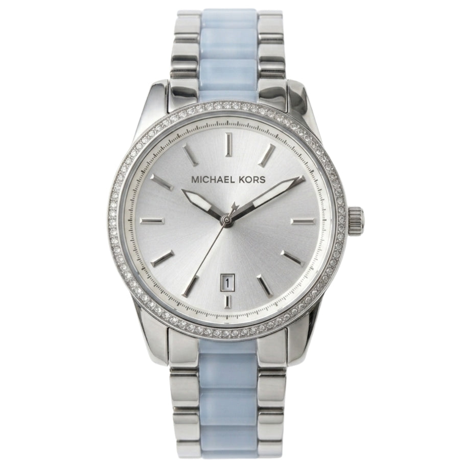 Michael Kors Parker women's watch with silver dial and blue-silver bracelet, front view