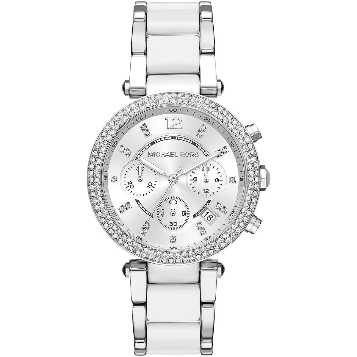 Parker MK6354 silver dial chronograph watch with crystal-set bezel and metal-ceramic strap