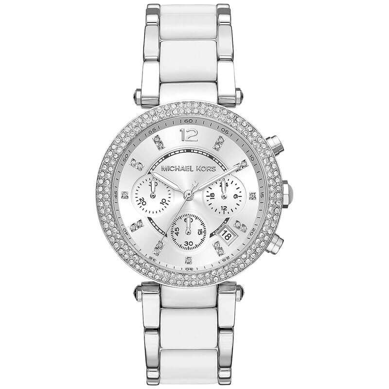 Michael Kors Parker MK6354 chronograph watch with silver dial and crystal bezel, white strap