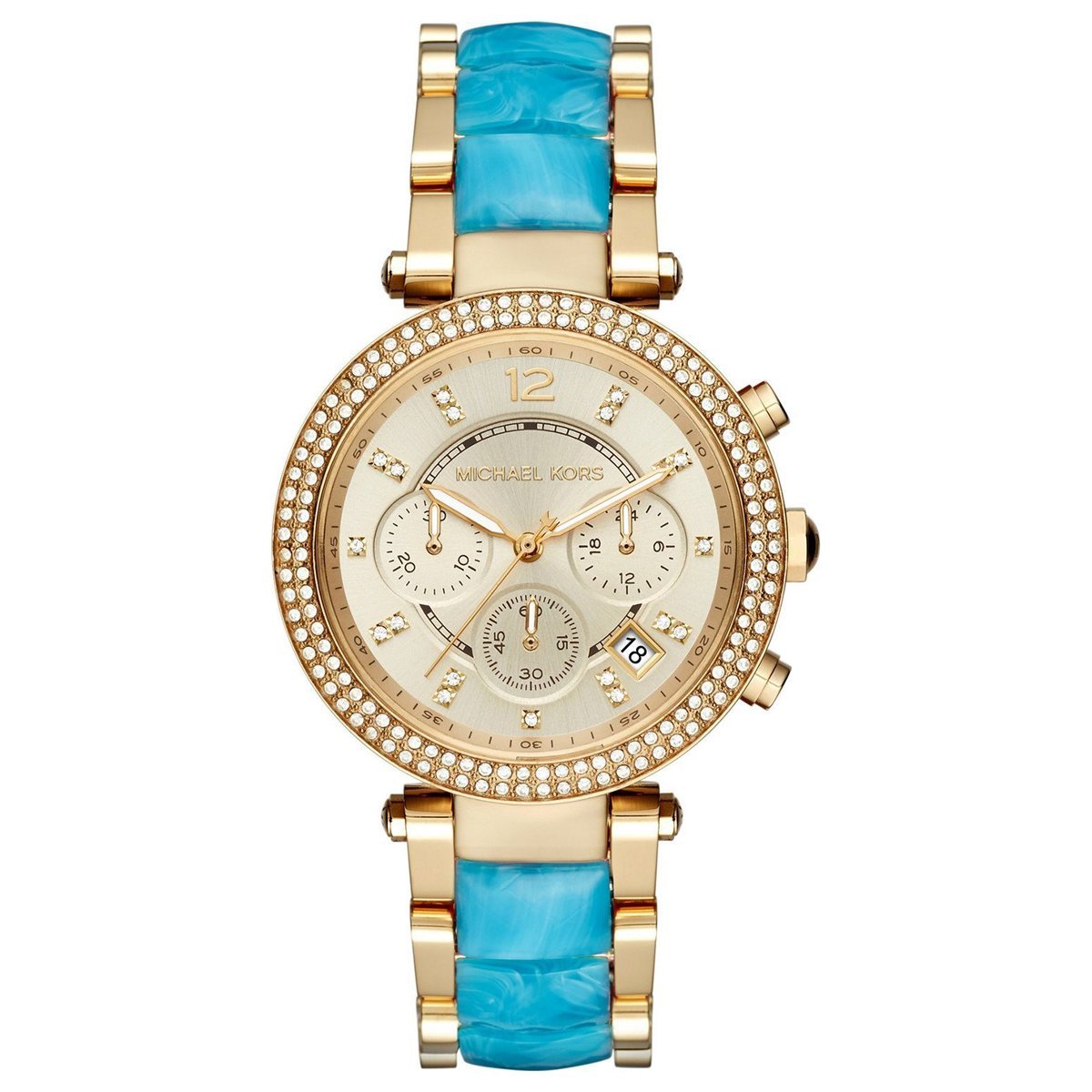 Michael Kors Parker gold-tone chronograph watch with diamond bezel, cream dial, and blue crocodile-embossed strap