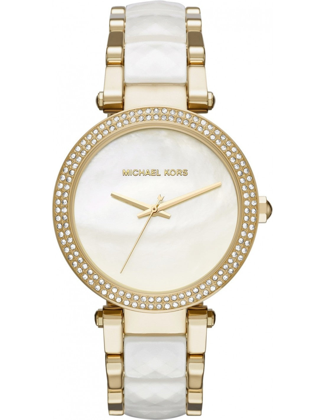 Michael Kors Parker watch with crystal bezel, mother-of-pearl dial, and two-tone strap