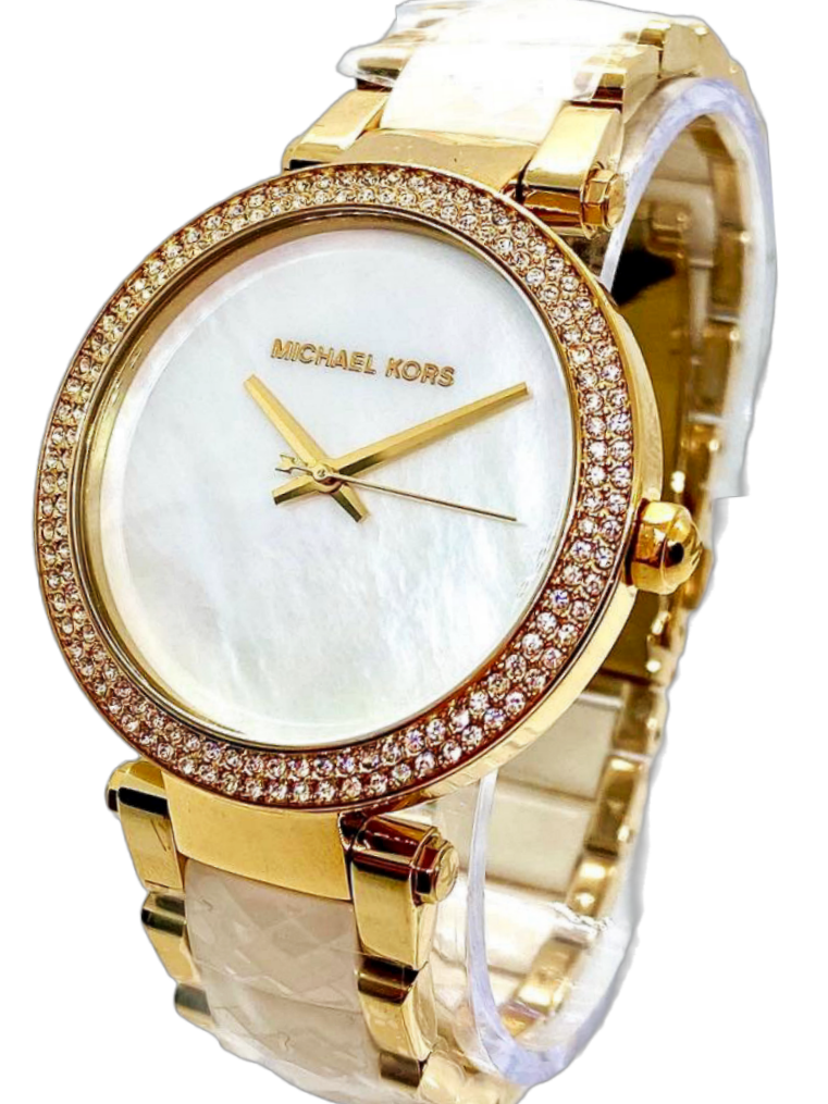 Angled view of Parker MK6400 with gold-tone case, diamond-set bezel, and white ceramic strap