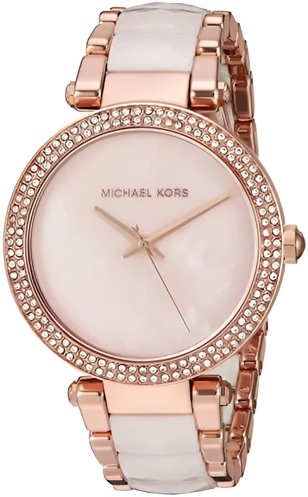 Michael Kors Parker rose gold women's watch with crystal bezel and rose gold white ceramic band