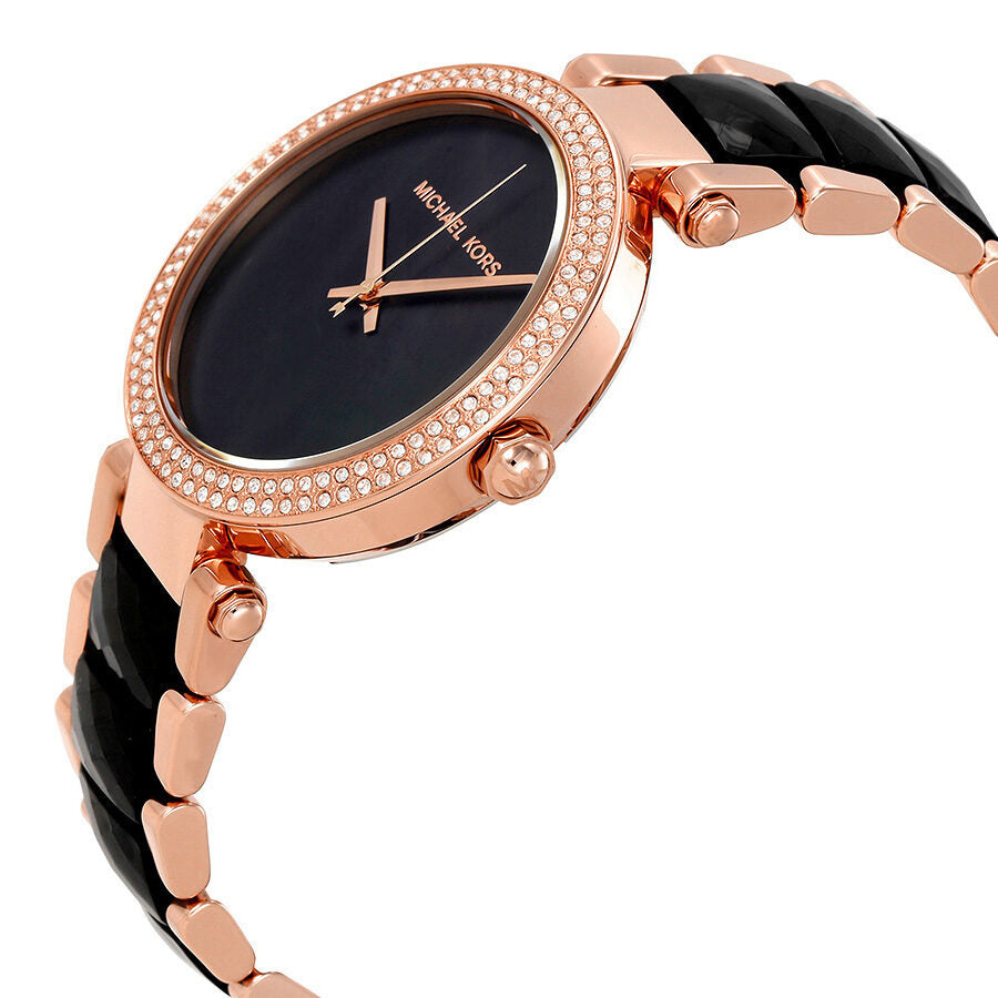 Michael Kors Parker watch from side angle showing rose gold and black bracelet detail