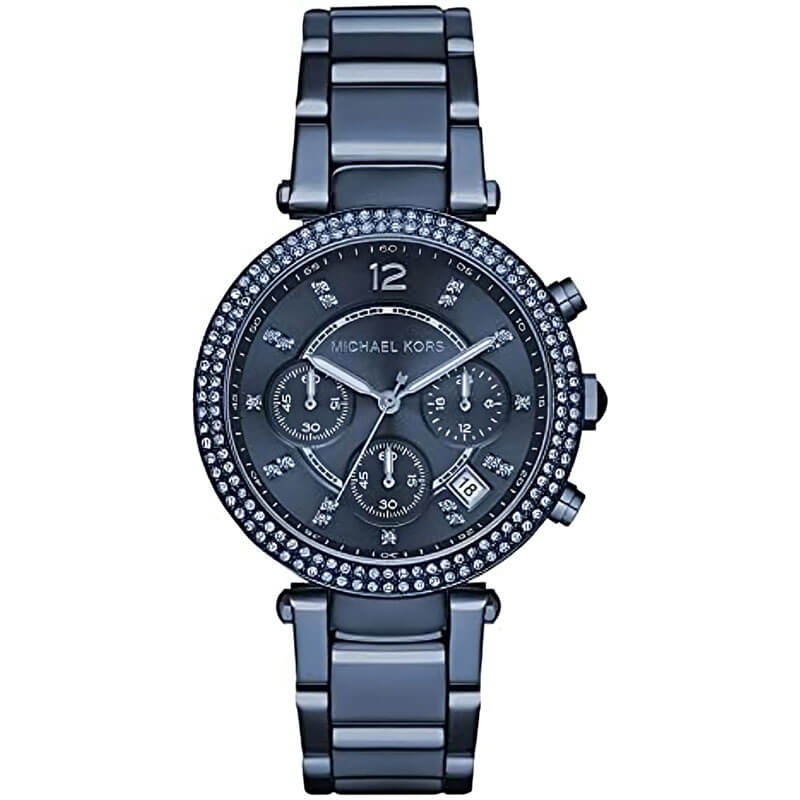 Michael Kors Parker MK6418 chronograph watch with blue dial and crystal-set bezel