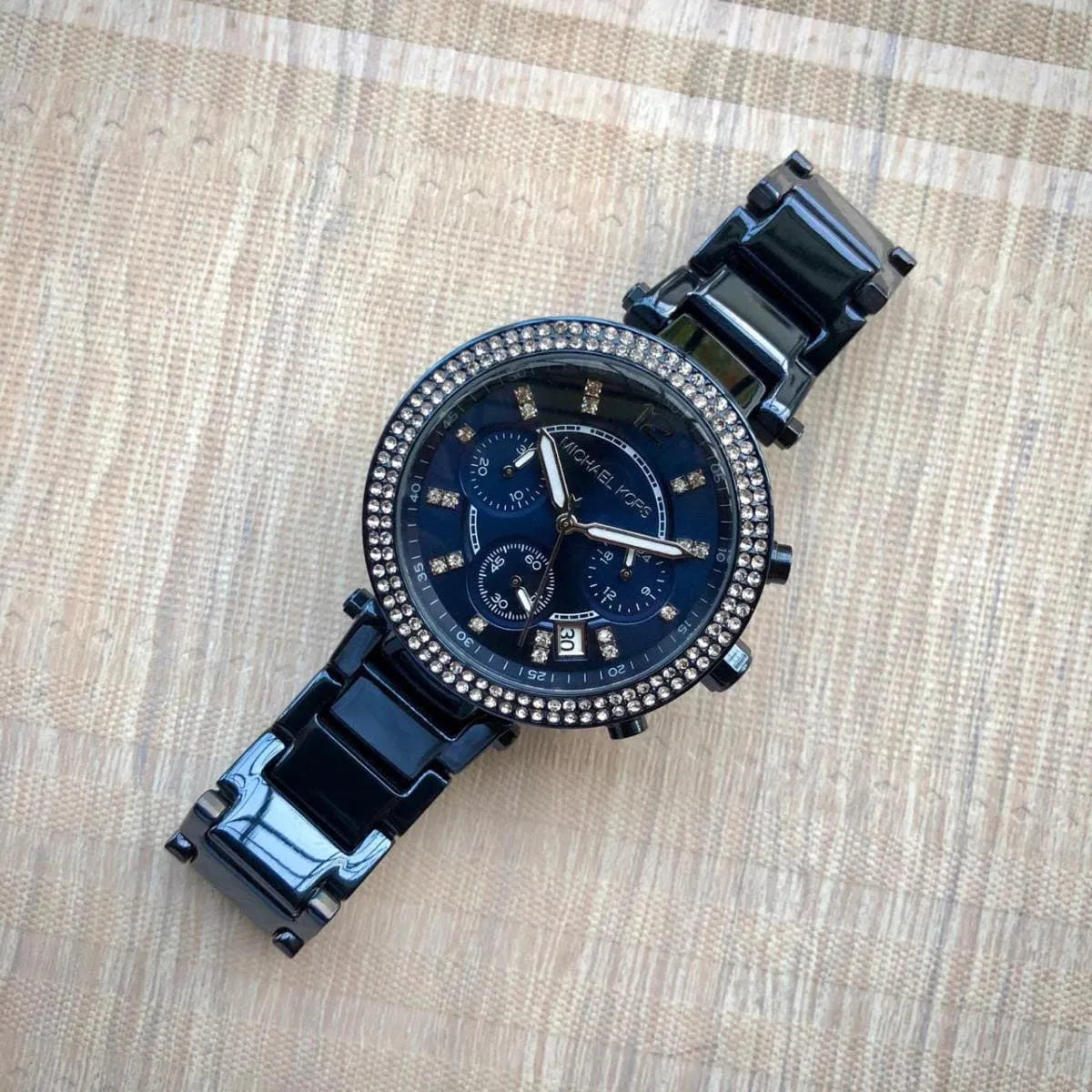 Michael Kors Parker MK6418 on wrist with blue steel bracelet strap