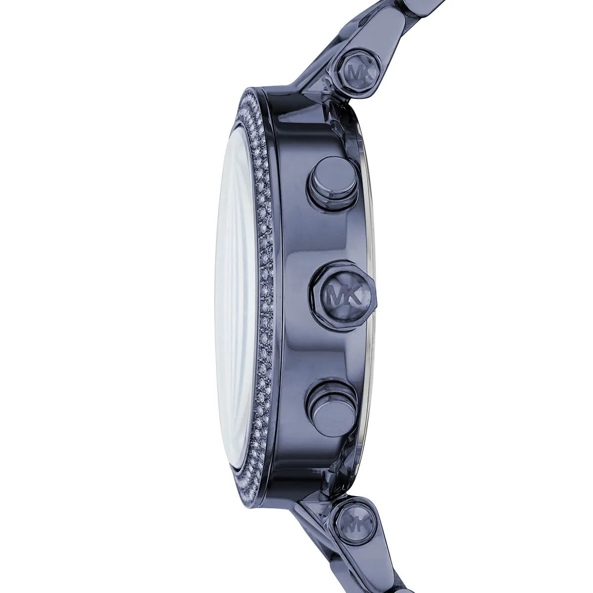 Side view of Michael Kors Parker MK6418 with blue steel strap and crystal bezel