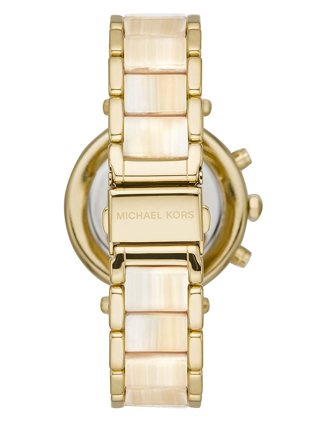 Caseback view of Michael Kors Parker chronograph watch with mother-of-pearl strap