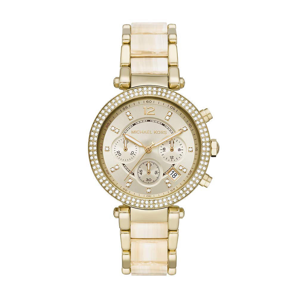 Michael Kors Parker gold-tone chronograph watch with diamond bezel and mother-of-pearl bracelet