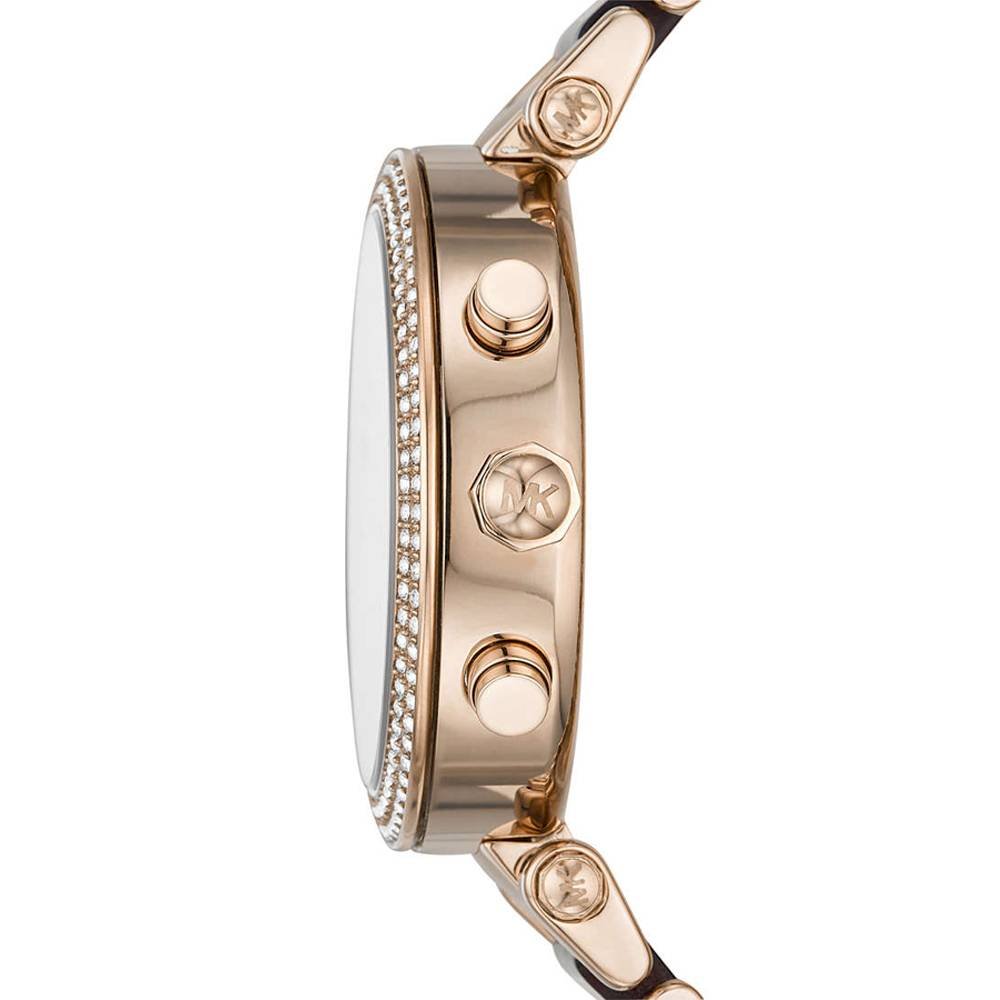 Side view of Michael Kors Parker watch showing rose gold case profile with diamond bezel detail