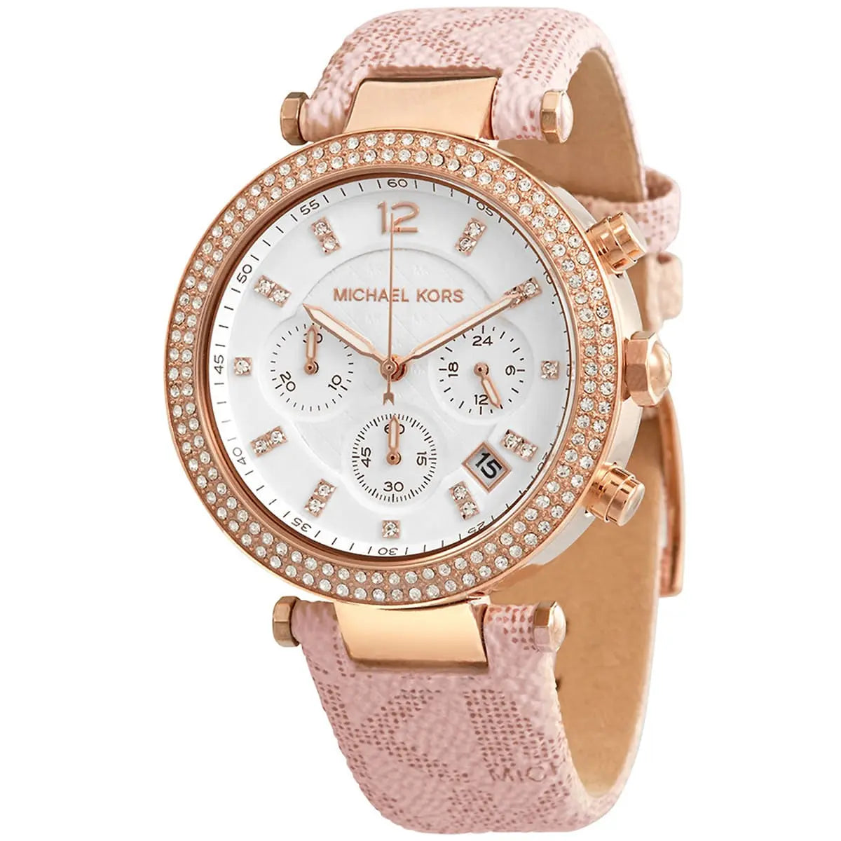Michael Kors Parker Pavé Chronograph White Dial Rose Gold Genuine Leather Women's Watch - MK6935