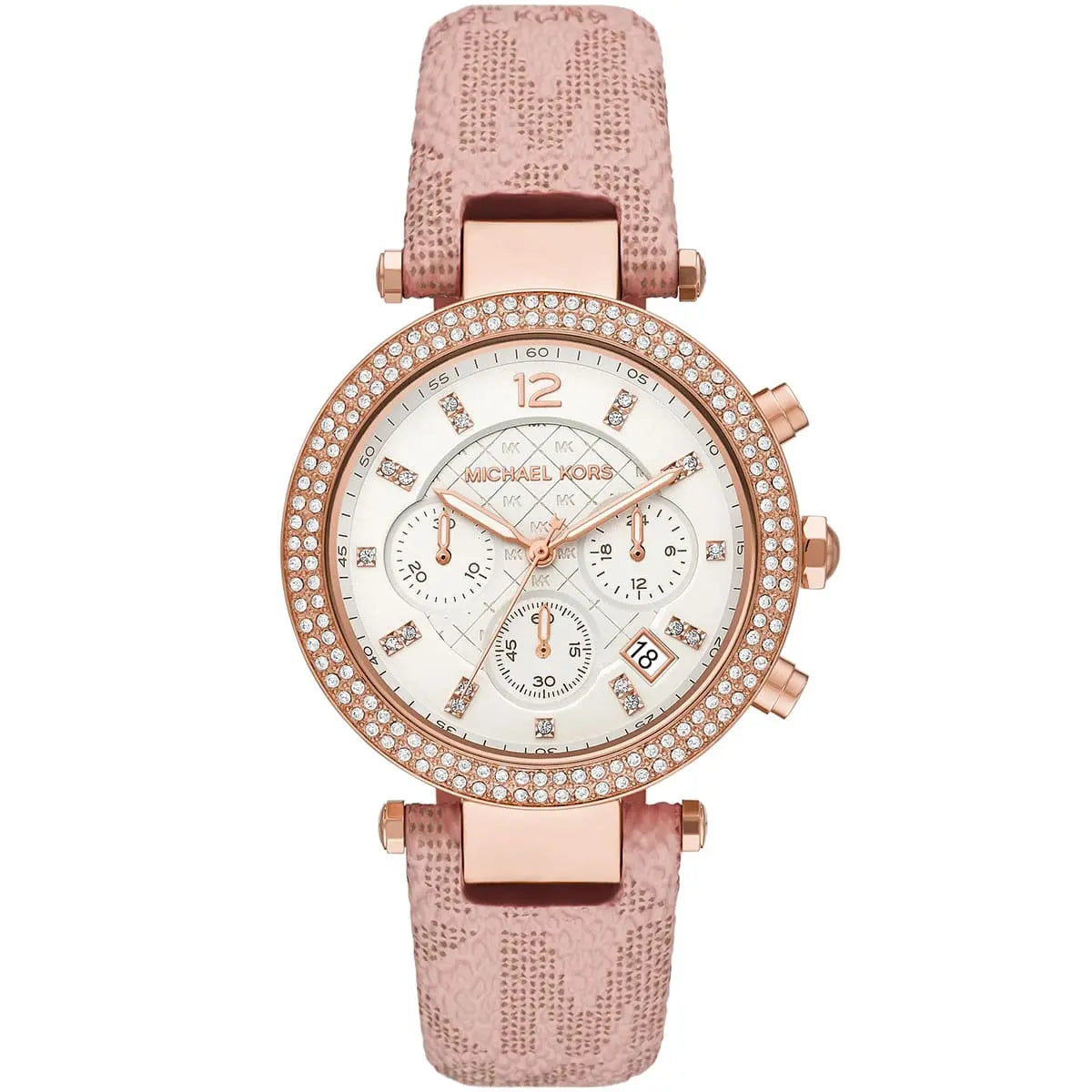 Michael Kors Parker Pavé Chronograph White Dial Rose Gold Genuine Leather Women's Watch - MK6935