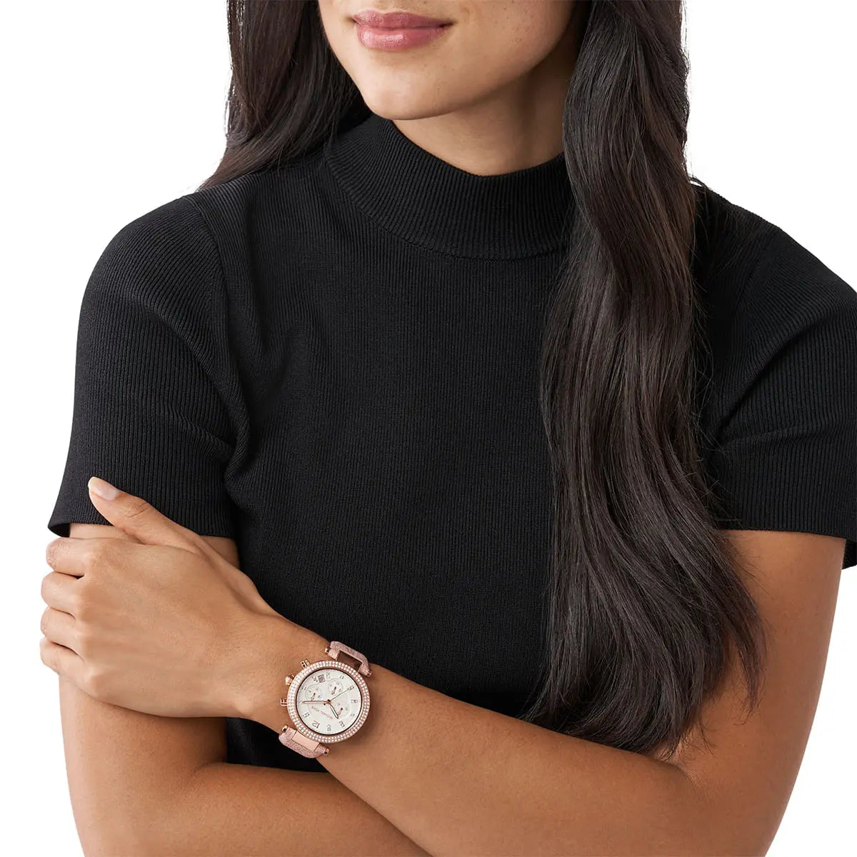 Michael Kors Parker Pavé Chronograph White Dial Rose Gold Genuine Leather Women's Watch - MK6935