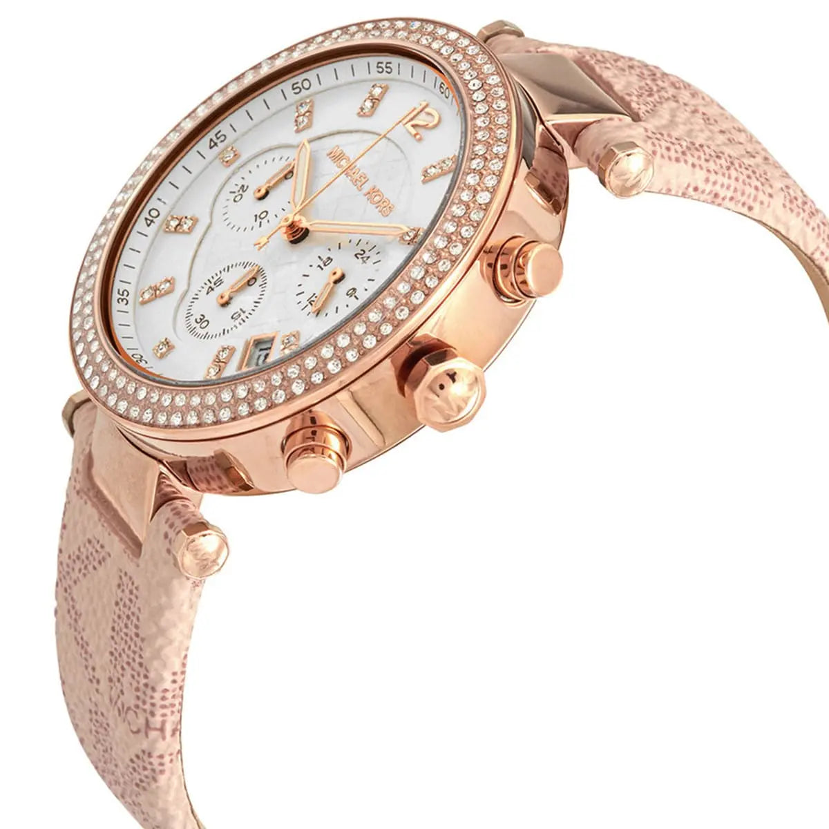 Michael Kors Parker Pavé Chronograph White Dial Rose Gold Genuine Leather Women's Watch - MK6935