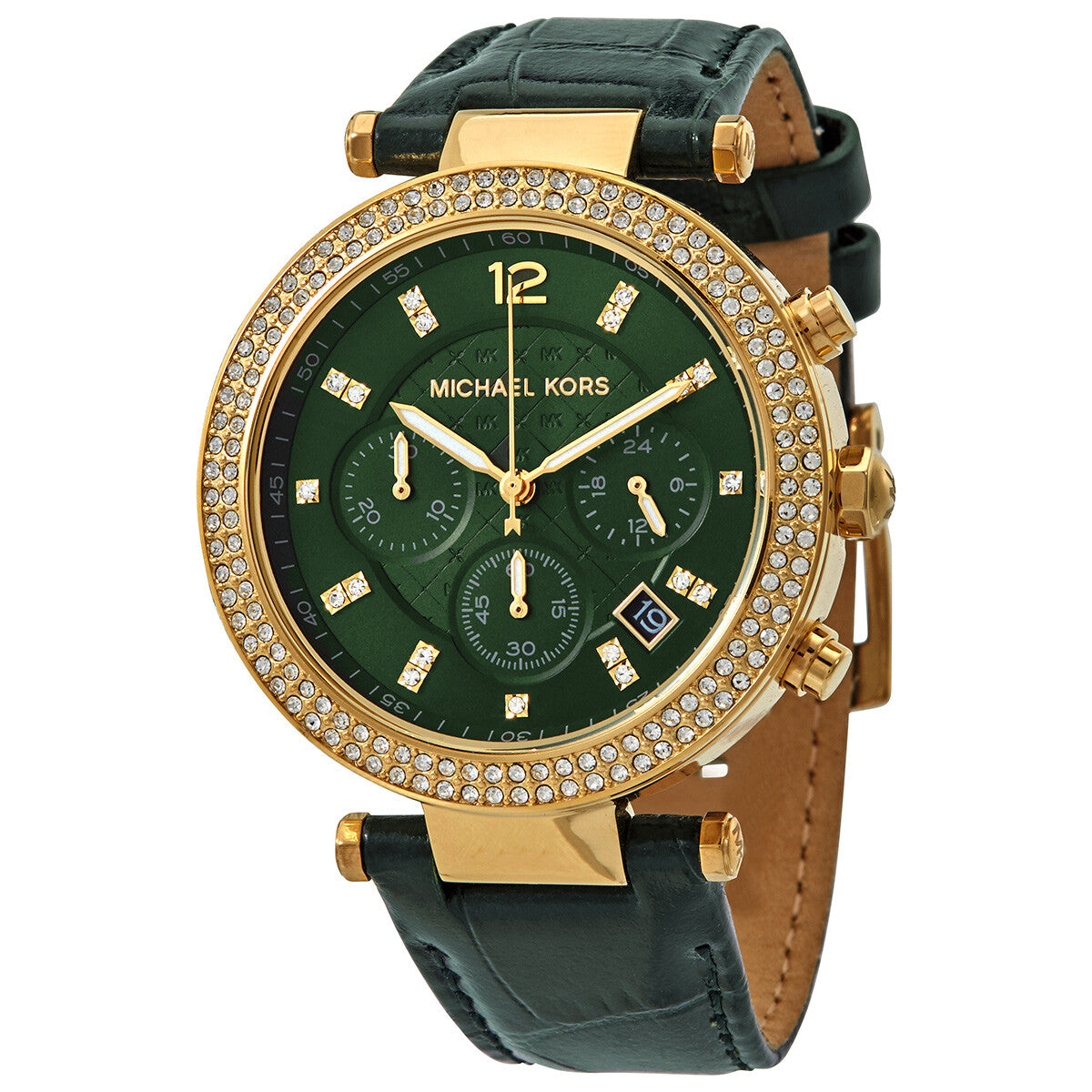 Michael Kors Parker chronograph watch with green dial, crystal bezel, gold case and green leather strap