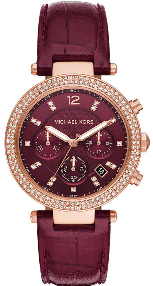 Michael Kors Parker MK6986 chronograph ladies watch with red dial and diamond bezel