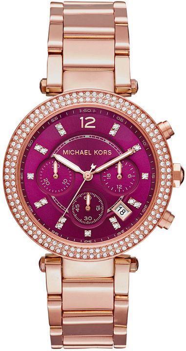 Michael Kors Parker plum dial chronograph watch with rose gold-tone stainless steel bracelet