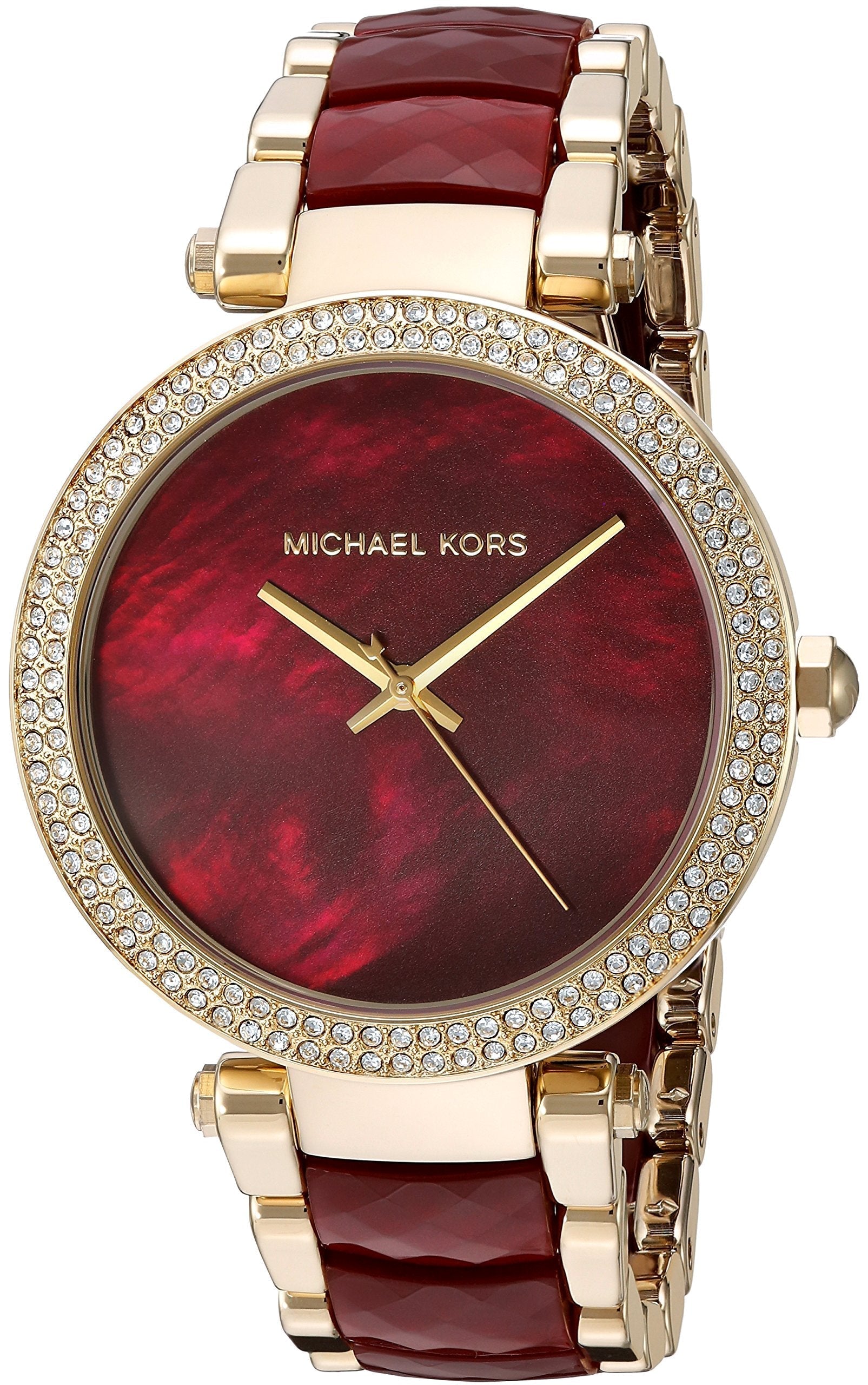 Michael Kors Parker red women's watch with crystal-accented gold bezel and two-tone bracelet