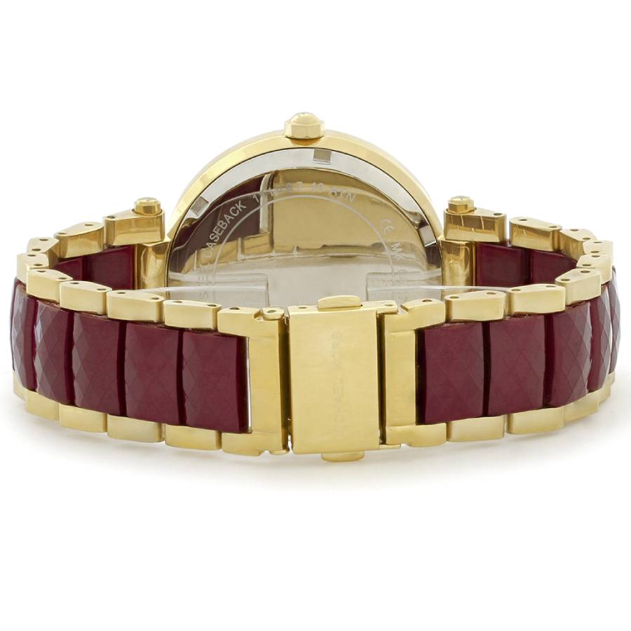 Rear view of Michael Kors Parker watch showing caseback and two-tone bracelet design