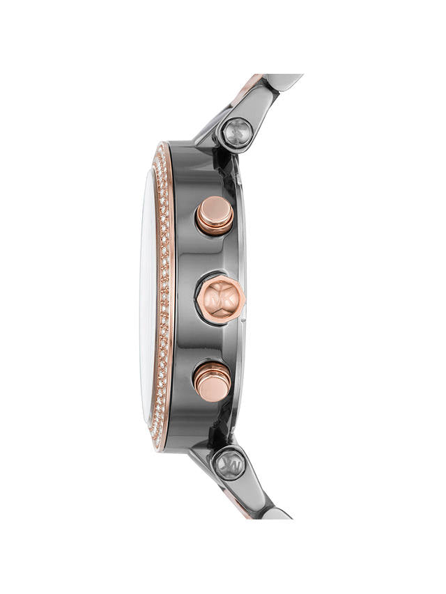 Michael Kors Parker women's watch side view showing chronograph pushers and two-tone bracelet design