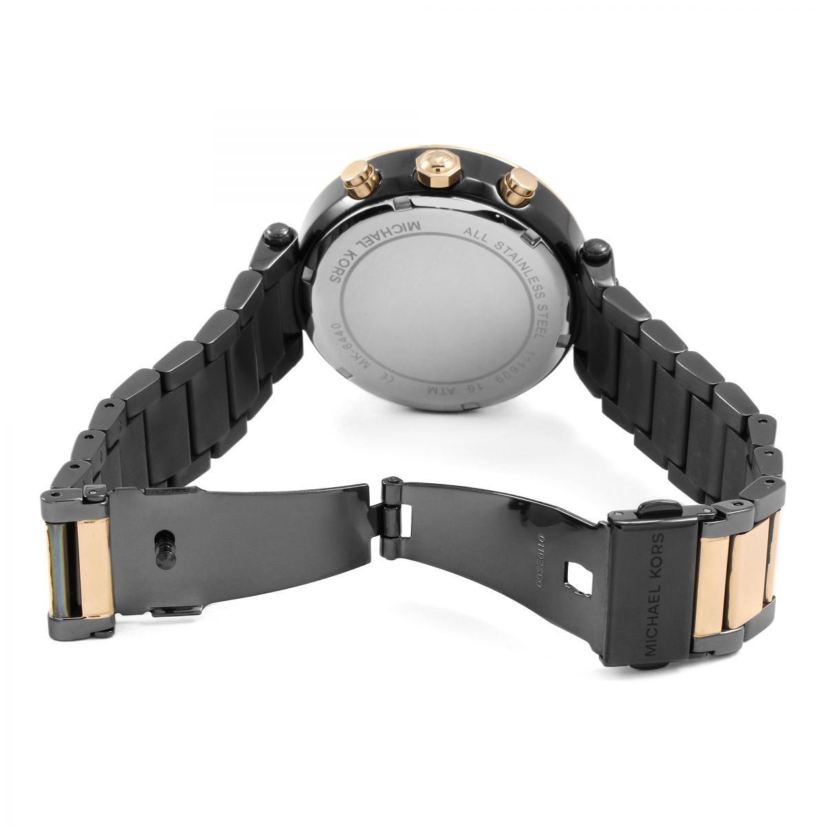 Michael Kors Parker women's watch caseback showing gunmetal back plate and two-tone bracelet band