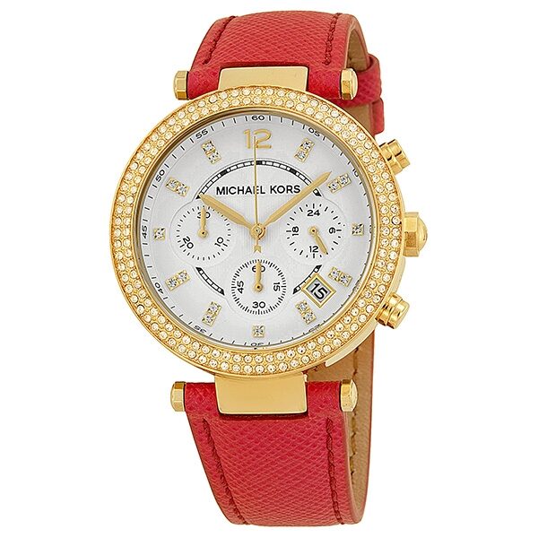 Michael Kors Parkers chronograph watch with white dial, crystal-set bezel, pink leather strap, and gold-tone case